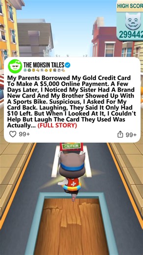 315K views · 4.6K reactions | My Parents Borrowed My Gold Credit Card To Make A $5,000 Online Payment. A Few Days Later, I Noticed My Sister Had A Brand New Card And My Brother Showed Up With A Sports Bike. Suspicious, I Asked For My Card Back. Laughing, They Said It Only Had $10 Left. But When I Looked At It, I Couldn't Help But Laugh The Card They Used Was Actually... (Full Story) | The Mohsin | Facebook