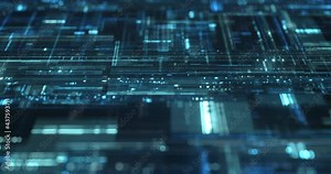 Futuristic blockchain loop animation, crypto, neural network, futuristic processor. Digital nanotechnology and high-tech CPU. Data processing and crypto currency mining. 4K loop, 3D rendering