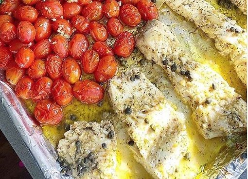 One Sheet Pan Mediterranean Halibut & Veggies