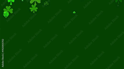 St Patricks day background with cartoon shamrocks in various greens. Three and four leaf clover particles floating downward for a green background to celebrate St Patrick day.