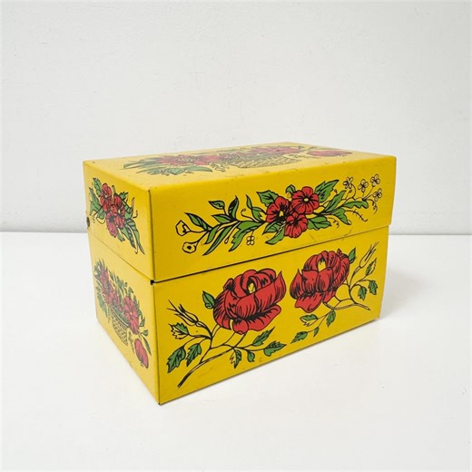 Vintage Recipe Box, Yellow Recipe Box With Red Flowers, Syndicate Mfg Co Tin Recipe Box - Etsy