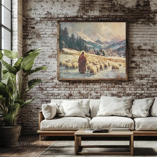 Good Shepherd Art, Christian Home Decor, Vintage Jesus Poster, Mountain Landscape Print, Rustic Farmhouse Painting, Printed and Shipped - Etsy