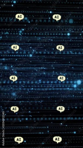 Vertical video: Cream AI bubbles scrolling center as blue clouds entering right showing data flow