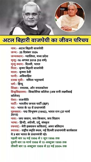 अटल बिहारी वाजपेयी का जीवन परिचय | atal bihari vajpayee biography#biography #facts #shorts #short