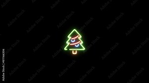 Neon sign in christmas tree shape motion graphic with alpha channel. Colored tree neon light turn on and turn off isolated icon animated on transparent background.