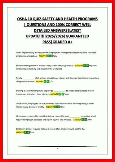 Osha 10 Quiz Safety And Health Programs Questions And 100 Correct Well Detailed Answerslatest Update