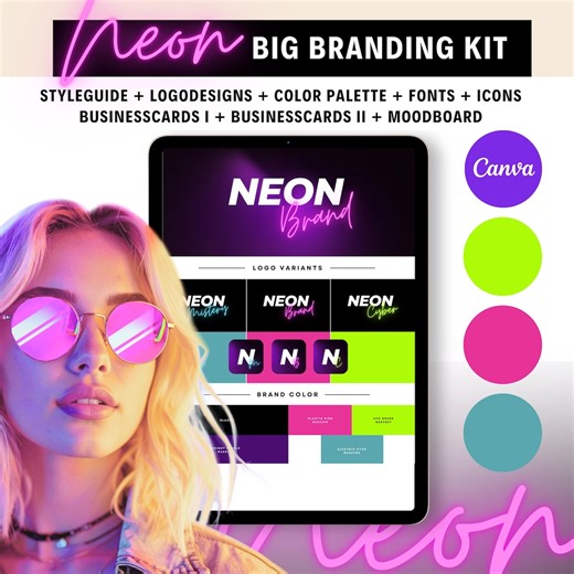 Neon Big Branding Kit: Business Cards, Style Guide, Icons, Mood Board, Logo Design, Color Palette, Fonts (editable Canva Templates) - Etsy