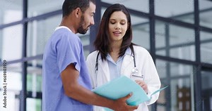 Doctors, nurses and documents for teamwork, clinic folder and patient charts, healthcare planning or workflow advice. Medical student, people and mentor paperwork, hospital administration and talking