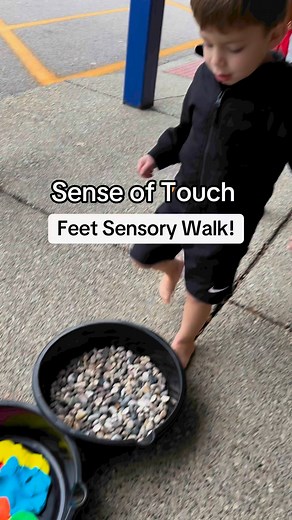 To explore our sense of touch, we're having a fun and interactive **feet sensory walk**! 👣 Students take off their own shoes, place their socks inside them, and line them up neatly—a great exercise in following directions and self-help skills. Then, they walk through bins filled with various materials like rocks, sand, beans, rice, Play-Doh, and more. This activity allows them to feel different textures under their feet, enhancing their sensory awareness. After the walk, they independently put