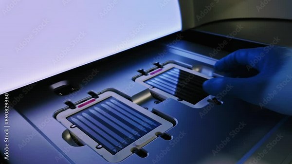 DNA sequencer. Gloved hand is handling flow cell with multiple lanes for DNA samples placed inside sequencer, prepared for sequencing. High-tech laboratory environment, genetic analysis and research