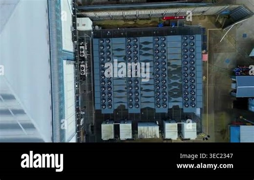 Aerial drone view huge data center with external cooling components Welwyn Garden City UK. High angle shot cloud computing infrastructure and server farm Hertfordshire England Stock Video Footage - Alamy