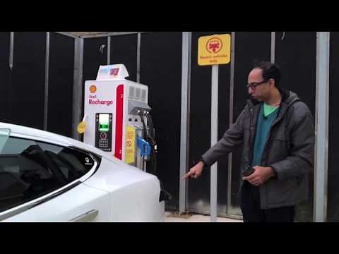 Charging a Tesla at a Shell petrol station