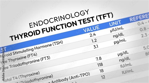 Thyroid Function Test Report. TSH, T3, T4 Hormone Analysis, Endocrine Health Screening, Metabolic Assessment, Diagnostic Evaluation, Clinical Monitoring. Random TFT Test Report. 2D Video Animation
