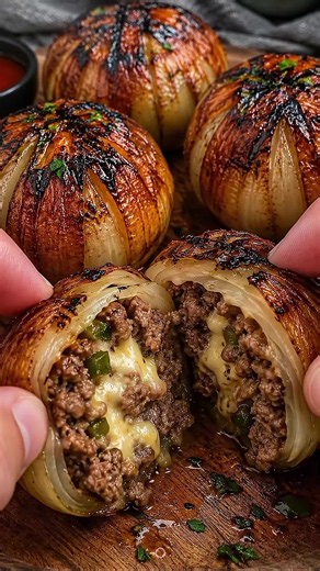 Cheesy Stuffed Onion Bombs Ingredients 1. Large Yellow Onions – 4 2. Ground Beef – 1 lb 3. Cheddar Cheese – 1 cup, shredded 4. Green Bell Pepper – 1/2 cup, finely diced 5. Garlic – 3 cloves, minced 6. Worcestershire Sauce – 1 tbsp 7. Dijon Mustard – 1 tbsp 8. Smoked Paprika – 1 tsp 9. Garlic Powder – 1 tsp 10. Onion Powder – 1 tsp 11. Black Pepper – 1/2 tsp 12. Salt – 1 tsp 13. Olive Oil – 2 tbsp 14. Butter – 2 tbsp, melted 15. Barbecue Sauce – 1/3 cup 16. Brown Sugar – 1 tbsp 17. Fresh Parsley 