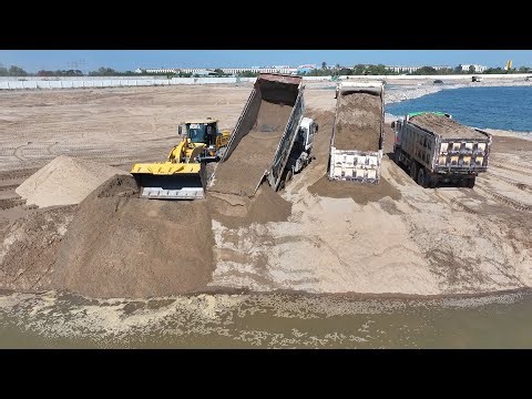 Good Job Wheel Loader SDLG Push Sand Into Water And DumpTruck Many Unloading Sand Filling Lake