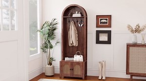 Hall Tree 70.9" Narrow Arch Coat Modern Farmhouse Rack with 4 Hooks and 2 Fluted Doors for Hallway Entryway Mud Room Bedroom Living Room HOME Walnut