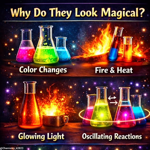 Chemical Reactions That Look Like Magic ✨🧪 Description: Some chemical reactions look so amazing that they feel like real magic! Color changes, glowing liquids, flames, sparks, and oscillating reactions happen because of energy changes, electron transfer, and the breaking and forming of chemical bonds. These reactions are not sorcery—they are science in action. Chemistry shows us how simple substances can create spectacular effects when they react together. #chemistry #reaction #flames | Chemist