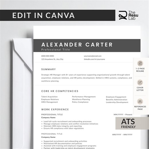 HR Manager Resume Template Canva, ATS Friendly CV, Human Resources Resume, Editable Resume - Etsy
