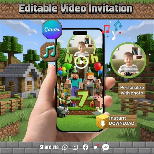 Minecraft Birthday Video Invitation With Photo, Editable Canva Template, Instant Download - Etsy