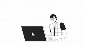 Office worker laptop bw animation. Animated character man looking computer screen. Monochrome 2D flat outline cartoon 4K video, white background, alpha channel transparency for web design