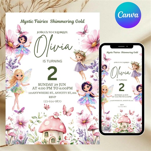 Fairy Birthday Invitation, Digital Magical Forest Fairy Party Invite, Flowers Enchanted Pastel, DIY Text, Instant Download - Etsy