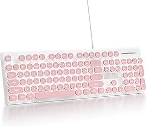 surmen Cute Quiet Keyboard Pink Wired Typewriter Keyboard, Light Up Backlit PC Keyboards with Retro Round Keys Full Size 104 Keys for Office Computer (Pink)