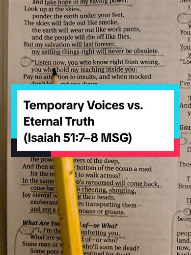 You’re learning to live by what God says, not by what people think or say. That means your thoughts, reactions, and decisions are slowly being shaped by Him. Old habits, old ways of thinking, and fear of judgment don’t control you anymore. God is working inside you (changing how you respond, teaching patience, building courage, and opening your heart to truth that lasts) For example: imagine a moment when you feel the urge to react in anger or gossip about someone who hurt you. In the past, you 