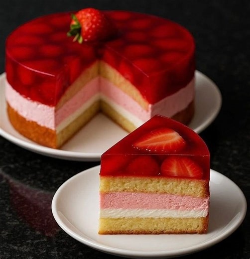 **Strawberry Jelly Mousse Cake** 🍓✨ Soft sponge layers, creamy strawberry mousse, and a glossy jelly top with fresh strawberries — perfect for celebrations! Here’s the full homemade recipe 💕 --- # 🍓 Strawberry Jelly Mousse Cake ## 🧁 Ingredients ### 🔹 For Sponge Cake (8-inch round) * 4 eggs * ¾ cup sugar * 1 cup all-purpose flour * 1 tsp vanilla extract * 2 tbsp oil or melted butter * 1 tsp baking powder * Pinch of salt --- ### 🔹 For Strawberry Mousse Layer * 1½ cups fresh strawberries (pur