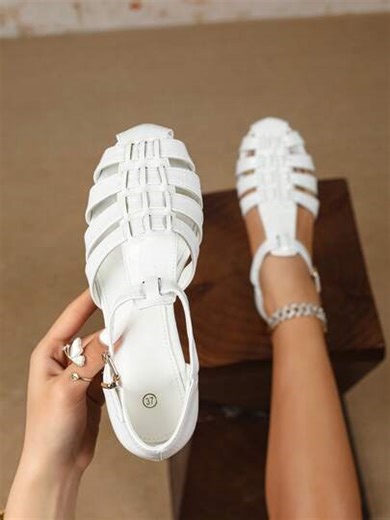 Women's White Stone Embossed T-Strap Shoes - Caged Casual Sandals | SHEIN