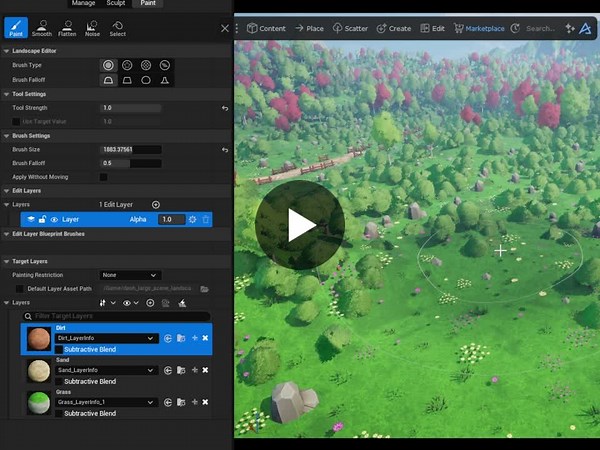 If you’re not a fan of the default masking in Dash’s Surface Scatter, you can also drive everything using Landscape Layers. Just paint your materials and decide which scatters belong to each layer.… | Polygonflow Dash