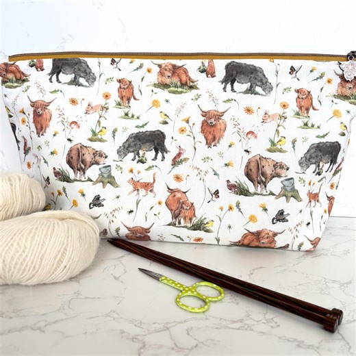 Large Zipper Project Bag. Highland Cow Knitting, Cross Stitch, Crochet Pouch. Lined. Handmade. - Etsy