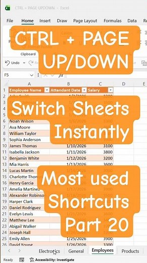 Switch Excel Sheets Instantly – CTRL + PAGE UP/DOWN