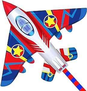 HONBO 58" Fighter Plane - Kite for Kids & Adults, Easy to Fly, Beach Trip Beginner Kite with Reel and 200ft String