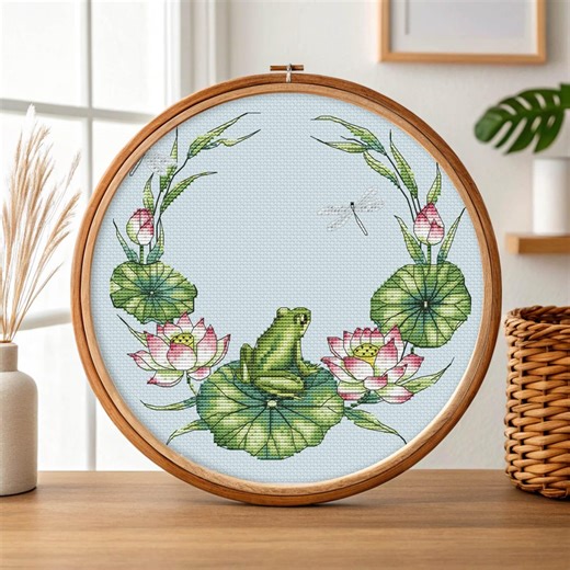 Frog Cross Stitch Pattern, Water Lily Lotus Wreath Chart, Lily Pond Botanical Circle Embroidery PDF Minimalist - Etsy