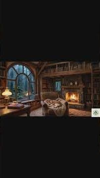Rainy Forest Library | Cozy Fireplace & Sleeping Cat ASMR! 🌿🛋️