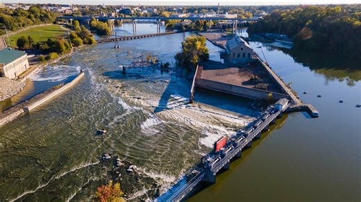 Take an aerial look of the Fox River in Appleton