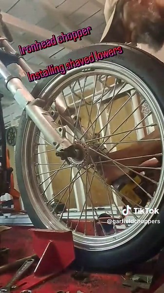 installing new shaved lowers... it's been awhile but I'm finally getting back on this build #chopper #oldschool #ironhead #ironheadchopper #chopperlife #choppershit #choppersforever #vintagechopper #becausechoppers #garfieldchoppers