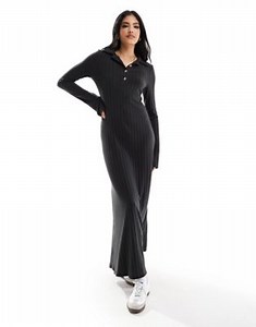 ASOS DESIGN ribbed bodycon collared midaxi dress with long sleeve in grey | ASOS