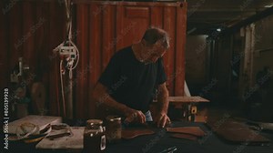 Leather craftsman slowly carves into leather with a razor