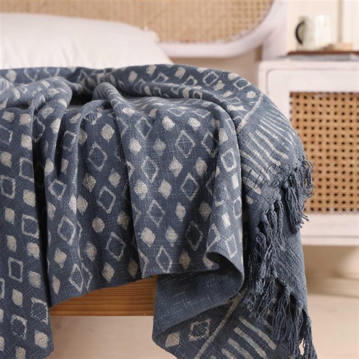 Indigo Blue Diamond Pattern Throw Blanket – Woven Cotton Bedspread With Tassels - Etsy