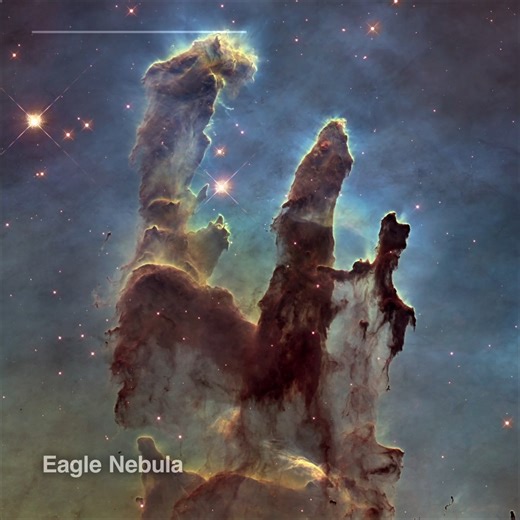Let’s take a look at the Eagle Nebula—twice in fact—with the Hubble and Webb space telescopes! First observed by Hubble in 1995, this captivating scene was revisited in 2014 by the telescope. Hubble’s reexamination of this region, seen here, shows a sharper and wider view than its original image. In visible light, the dark brown pillars seem multi-layered and opaque, with only a few red stars able to peek through the columns of gas and dust. In 2022, astronomers used Webb to observe this same ar