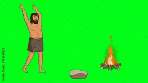 2d animated cartoon early humans or caveman character A man by the fire who lifts a stone in the air and throws it on the ground in green screen chroma key. 4K resolution.