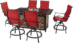 Hanover Traditions 7-Piece Outdoor High Dining Fire Patio Set, 6 Counter-Height Padded Sling Swivel Chairs and Slat-Top Gas Fire Pit Aluminum Table, Brushed Bronze Finish, Rust-Resistant, All-Weather