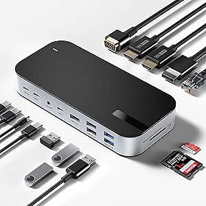 USB C Docking Station Dual Monitor, 15 in 1 Laptop Dock Hub with 2 HDMI DP VGA 3 Monitors for MacBook HP/DELL/Lenovo Pc, with Multiple Adapter Triple Display Ports, PD, Ethernet, SD/TF for Computer