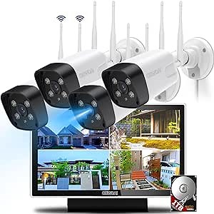 Wireless Security Camera System Outdoor, WiFi Cameras for Home Video Surveillance Systems (4 Cameras+Monitor)