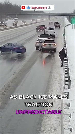 Out-of-Control Blue Sedan Slams Into Icy Highway Pile-Up – Terrifying Traffic Cam Footage