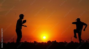 Silhouette baseball, two men were practicing throwing a baseball and getting together footage slow motion
