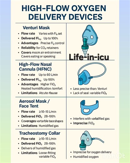 Life-in-icu 👈 follow for more clinical tips ✨️🏥🩺#lifeinicu #drarchanasinha #criticalcare #ICULearning #icudoctor #icunurse #medicalstudents #respiratorytherapist #MedicalEducation 🫁🏥🩺*High-Flow Oxygen Delivery Devices:* 1. *Non-Rebreather Mask (NRBM):* - Flow rate: 10-15 L/min - FiO2: 60-90% - Indication: Severe hypoxemia 2. *Venturi Mask:* - Flow rate: 24-60 L/min - FiO2: 24-60% - Indication: COPD, precise FiO2 titration 3. *High-Flow Nasal Cannula (HFNC):* - Flow rate: Up to 60 L/min - F