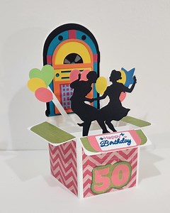 Handmade Greeting Card Pop up Box Card 3D Dancers Jukebox Balloons Happy Birthday! 50th Any Age Personalized Back Folds Flat W/ Envelope - Etsy