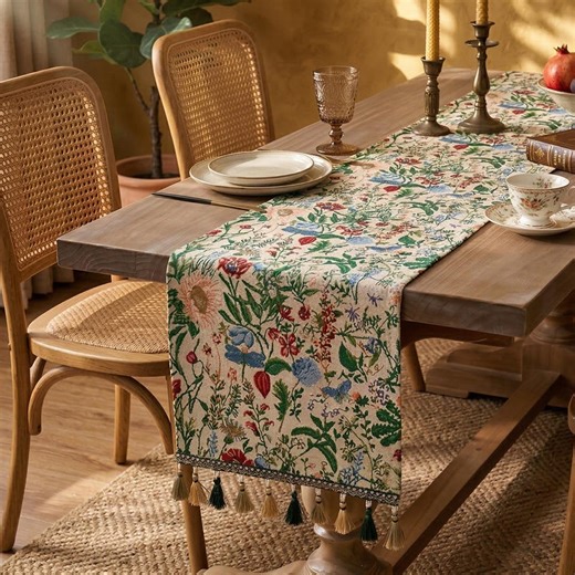 Botanical Floral Table Runner With Tassels, Vintage Tapestry Style, Cottagecore Dining Decor, Rustic Farmhouse Table Linen - Etsy